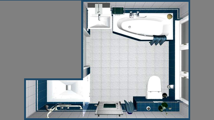 Blick auf ein winkeliges Modellbad aus der Vogelperspektive mit Badewanne, WC, Waschtisch und bodengleicher Dusche..