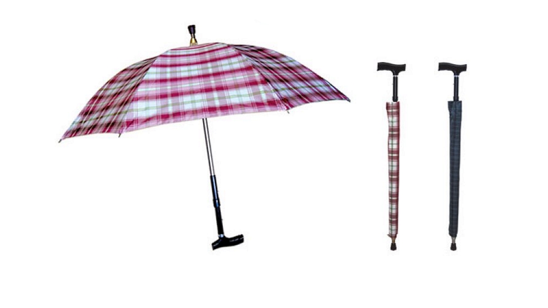 Höhenverstellbarer Gehstock mit Schirm, Darstellung eines aufgespannten und zweier geschlossener Schirm-Gehstöcke