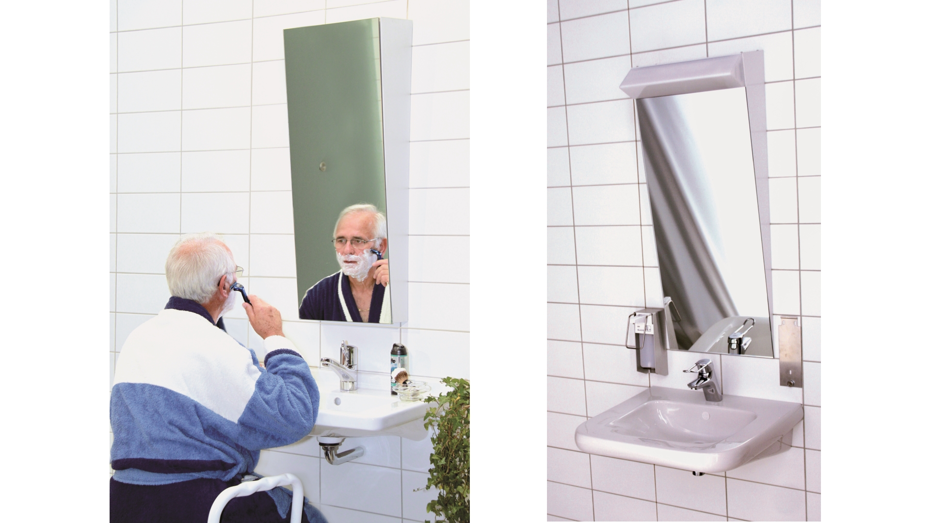 Waschtische mit schräg stehendem Spiegel, vor einem sitzt ein Mann, der sich rasiert