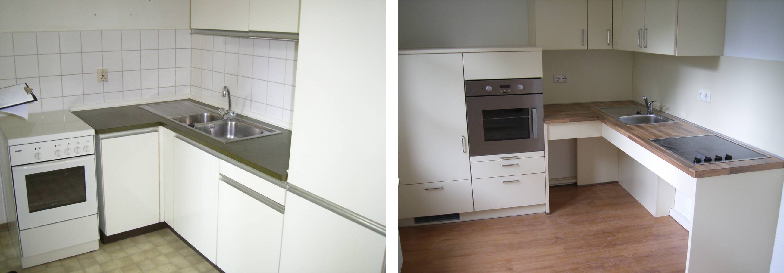 Vorher-Nachher-Umbaubeispiel: Eine klassische Einbauküche ist nun barrierefrei nutzbar. Der Backofen ist erhöht und die Arbeitsfläche unterfahrbar. 