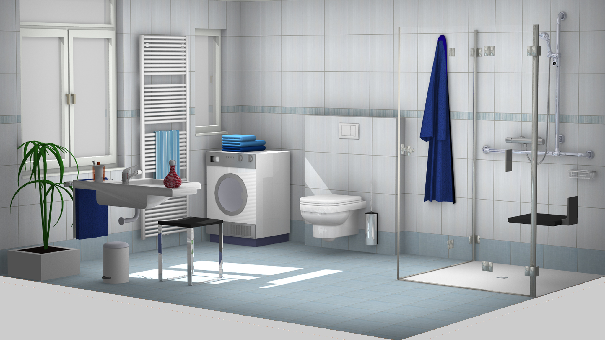 Barrierefreies Bad mit bodengleicher Dusche, WC, Waschtisch mit Hocker und Waschmaschine