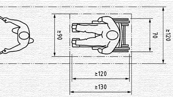 Skizze: Bewegungsflächen für eine Person mit Gehhilfe und einem Rollstuhlnutzer im Flurbereich.