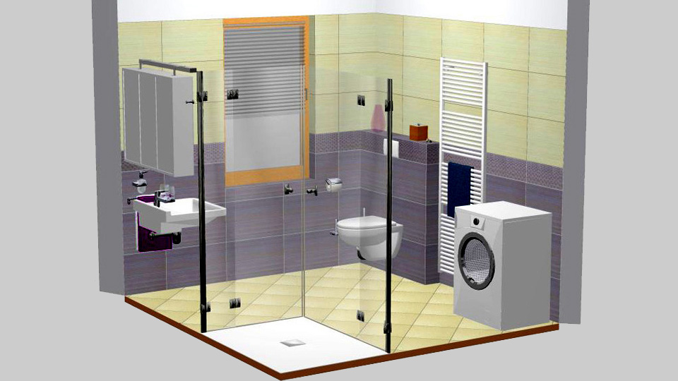 Modell: Barrierereduzierend geplantes Komfortbad  mit bodengleicher Dusche, Standard-Waschplatz, WC mit barrierefreiem Vorwand-Installationssystem, Badwärmer und Waschmaschine.