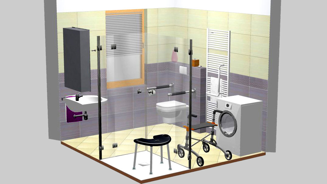 Modell: Barrierefrei geplantes Bad mit bodengleicher Dusche, Duschhocker, Waschtisch mit Beinfreiraum, erhöhtem WC mit Stützklappgriffen und Vorwand, Badwärmer, Waschmaschine und Rollator.