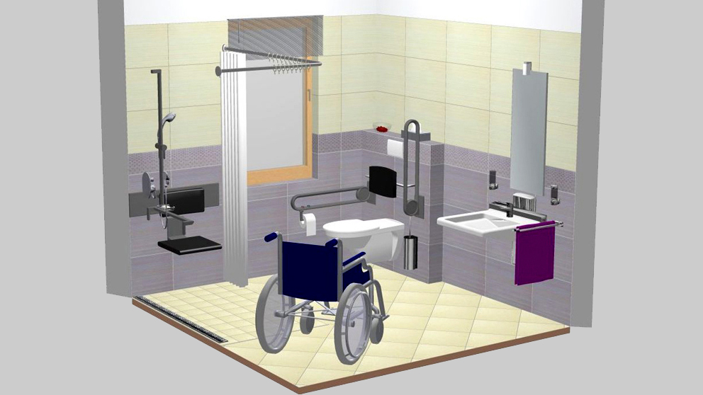 Modell: Barrierefrei geplantes Bad mit bodengleicher Dusche, Klappsitz, Duschhandlauf, WC mit Rückenlehne und Stützklappgriffen, unterfahrbarem Waschtisch und Rollstuhl.