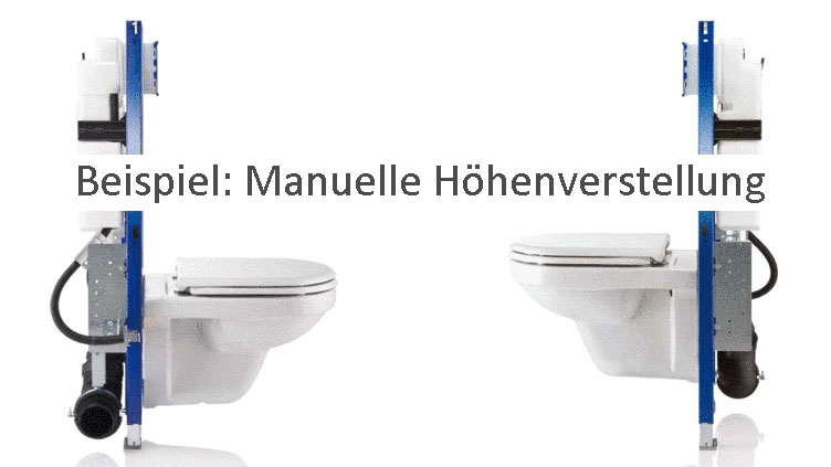 Fotos von zwei WC-Elementen mit unterschiedlicher WC-Sitzhöhe. Schriftzug Beispiel: Manuelle Höhenverstellung