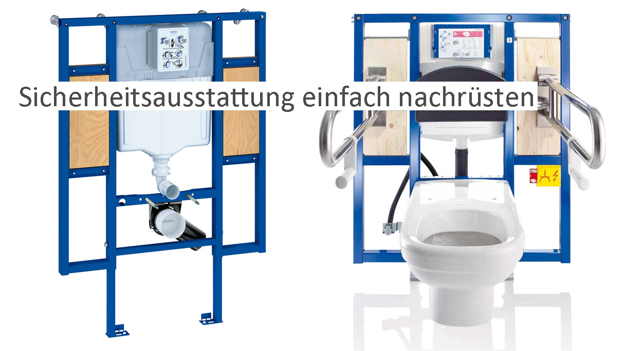 Ein WC-Vorwandelement mit beidseitiger Plankierung für die nachträgliche Montage von Stützklappgriffen. Rechts davon ein WC-Element mit montierten WC-Becken und Stützklappgriffen. Schriftzug: Sicherheitsausstattung einfach nachrüsten.