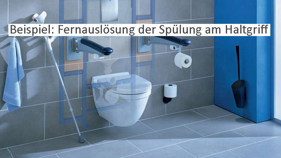 Ein behindertengerechtes WC bei dem die Spülauslösung in den Stützklappgriff integriert ist.