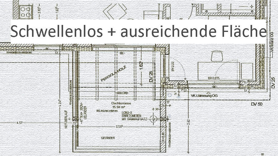 Grundrisszeichnung einer Dachterrasse mit Terrassentür