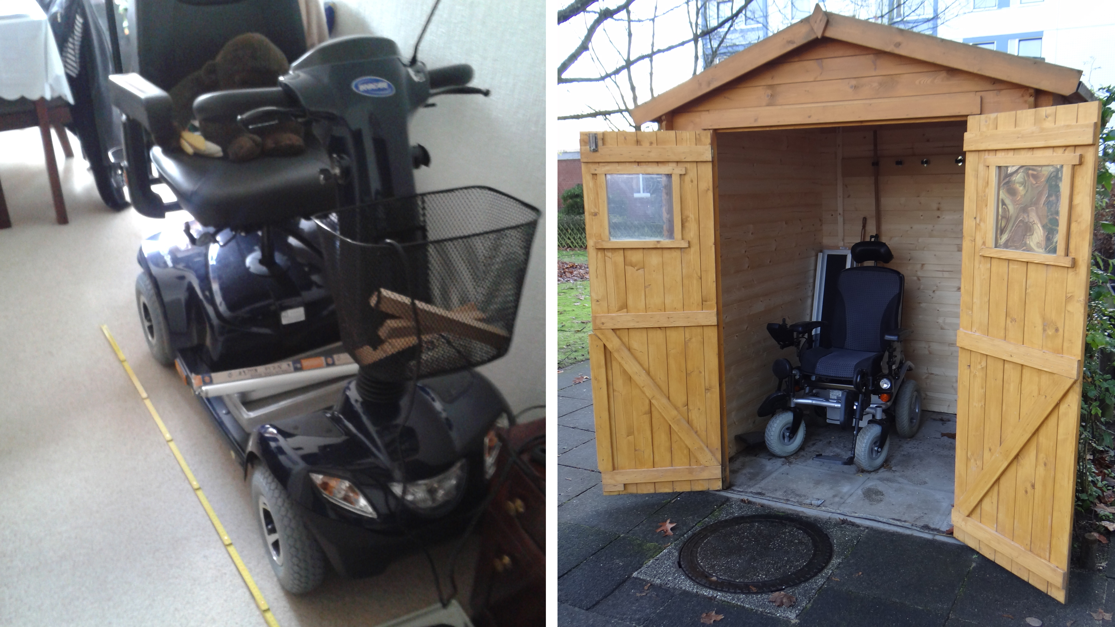 Fotocollage: Links steht der Scooter im Haus. Rechts in einem Holzverschlag