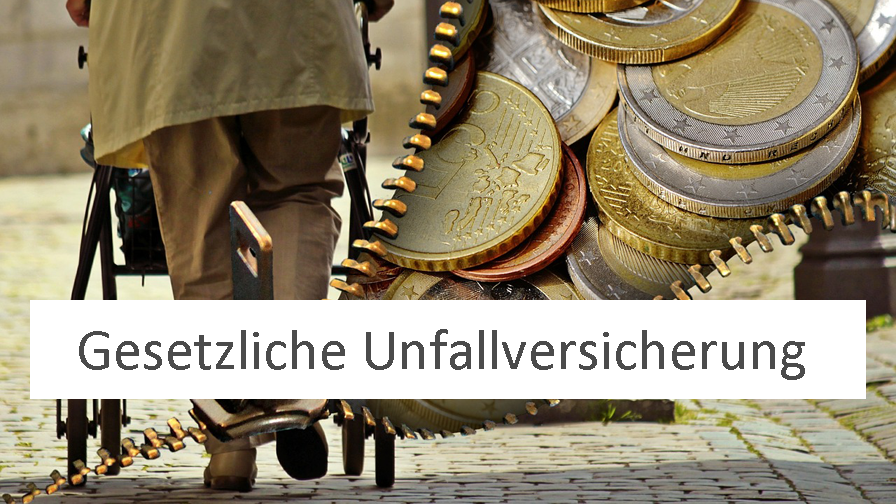 Symbolbild Alexas_pixabay.com: Person mit Rollator, Münzen, hinzugefügter Schriftzug "gesetzliche Unfallversicherung"