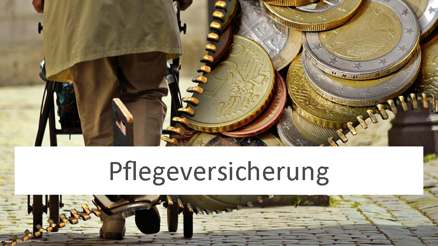 Symbolbild Alexas_pixabay.com: Person mit Rollator, Münzen, hinzugefügter Schriftzug "gesetzliche und private Pflegeversicherung"