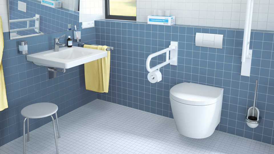 WC mit Stützklappgriffen und integriertem Papierhalter (Fa. Ideal Standard) 