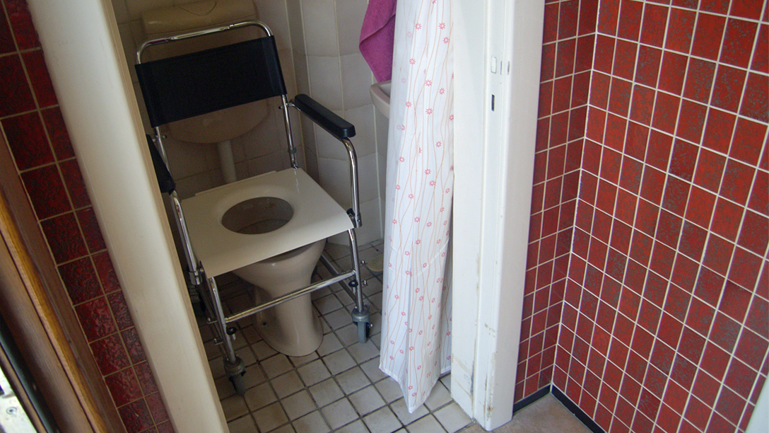 WC und fahrbarer Toilettenstuhl mit seitlichen Lehnen/Aufstehhilfen
