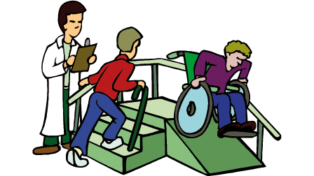 Symbolzeichnung: Eine Person im Arztkittel notiert etwas. Eine Person im Stock steigt Stufen, eine Rollstuhlnutzer fährt eine Rampe herunter. (Bild COLOURBOX)