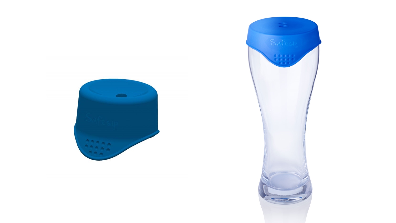 Blaue Gummikappe, über ein Glas gezogen, mit kleiner Öffnung für Trinkhalm
