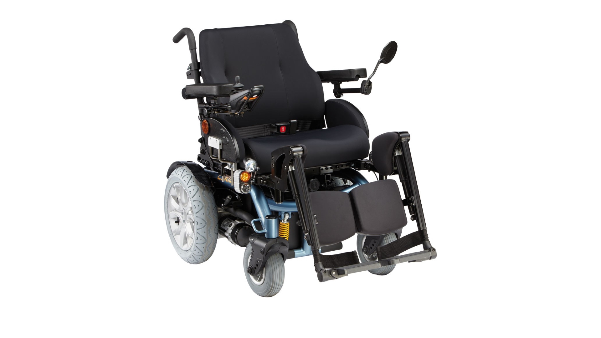 Elektro-Rollstuhl XXL für Innen- und Außenbereich, mit verstärkten Reifen, rechtsseitiger Steuerung, Rückspieegel
