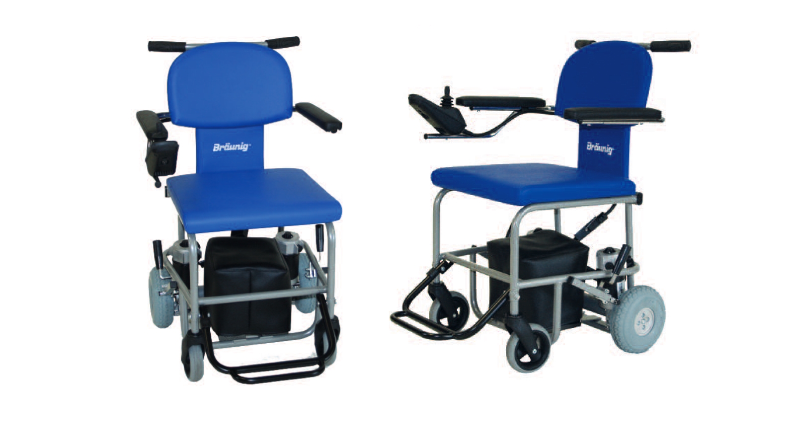 E-Rollstuhl für den Innenbereich, mit vier Rädern, Motor unter dem Sitz in Radhöhe, Steuerung (Joystick) an rechter Armlehne, Fußstütze