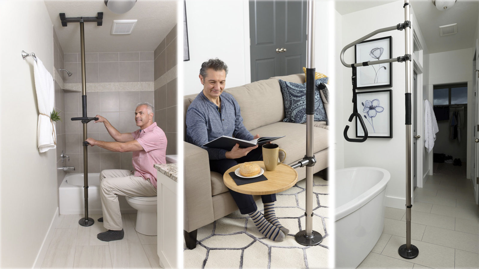 Einsatzbeispiele einer Bodendeckenstange am WC, Sofa und Badewanne