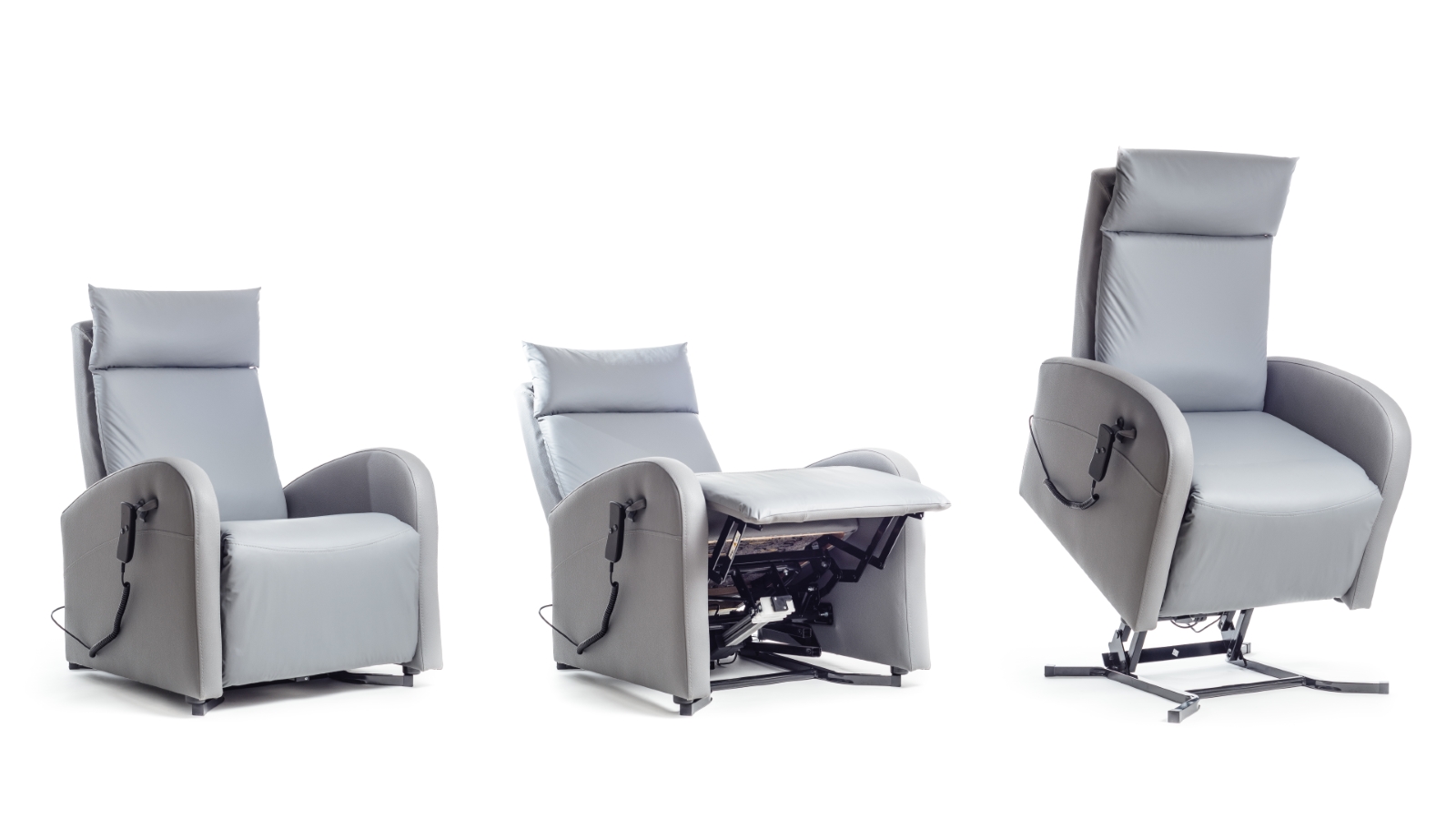 Drei Abbildungen eines Sessels: in Sitzposition, Liegeposition und nach vorn geneigt als Aufstehhilfe