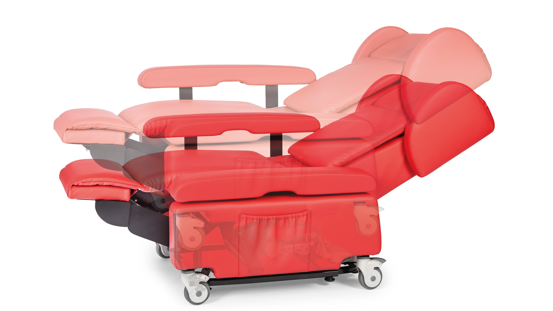 Abbildung eines Sessels in Liegeposition, aus der hervorgeht, dass auch die Sitzhöhe verstellbar ist