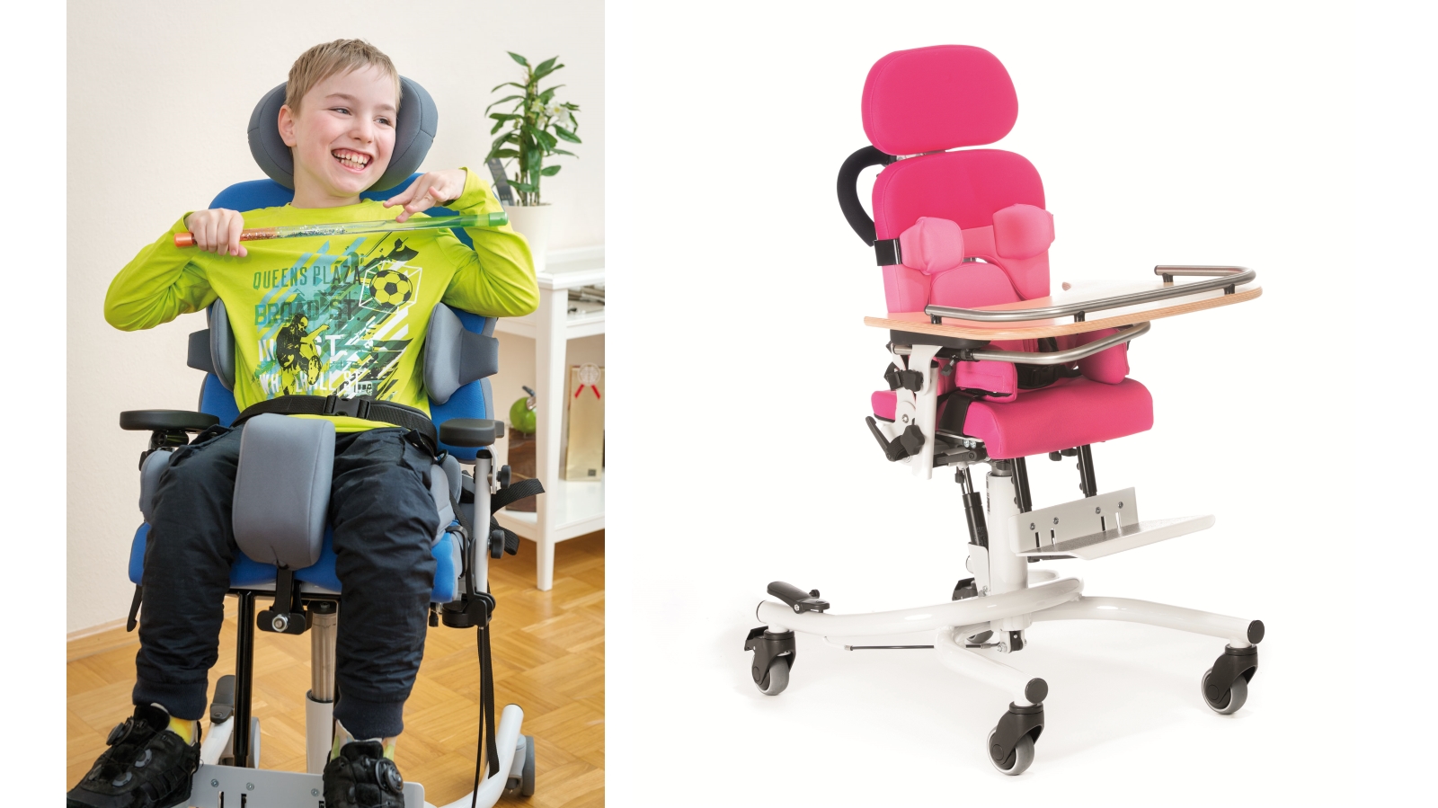 Stuhlansichten, mit und ohne Kind. Stuhl auf 4 Rollen mit Kopfstütze und Seitenpolstern
