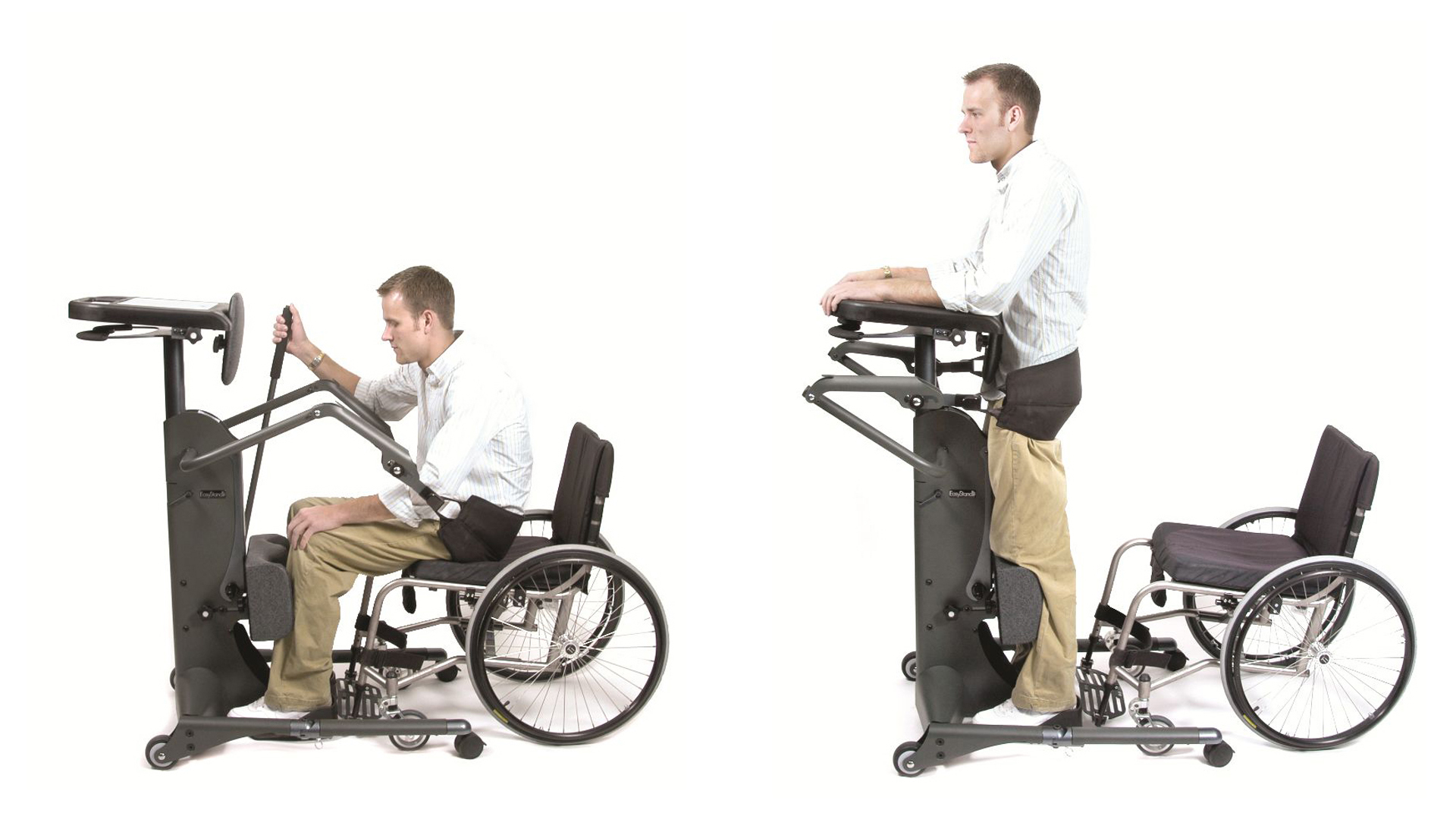 Aufrichten mit Hilfe des Stehtrainers vom Rollstuhl in drei Bildsequenzen.