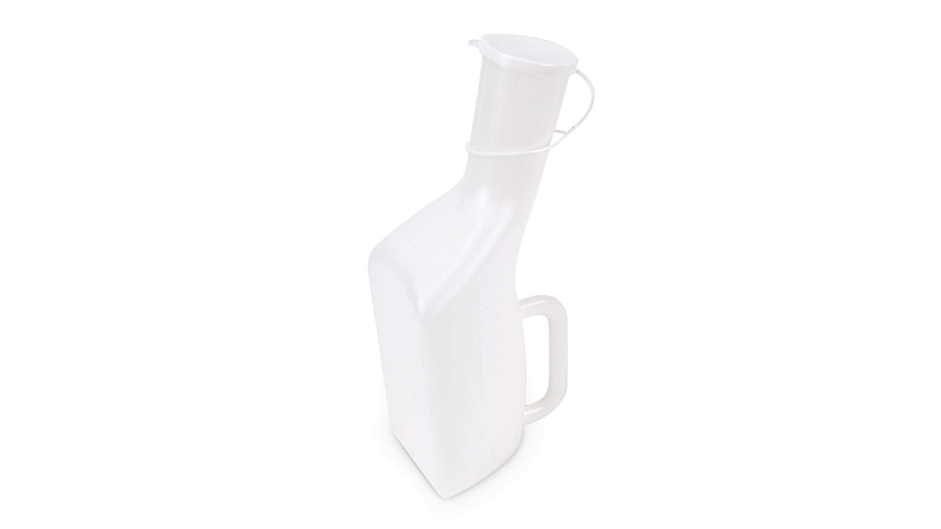 Ein weißes Kunststoffgefäß mit Griff, nach oben wie ein Flaschenhals geformt