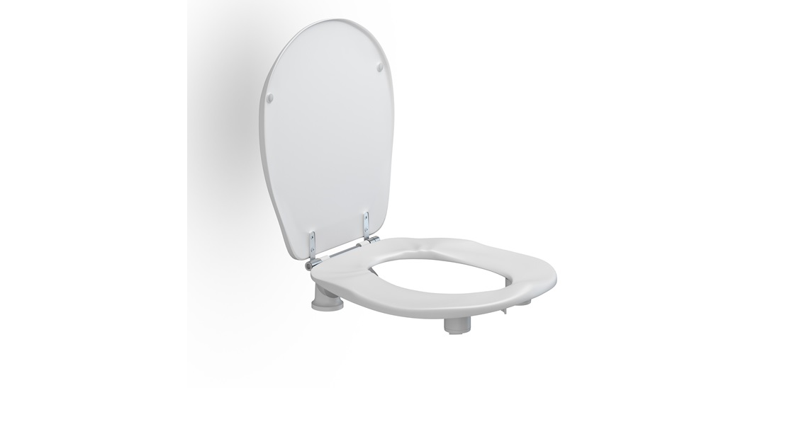 WC-Sitz, mit stabilisierenden Puffern, mit Deckel, 50 mm, inkl. Spritzblende. Mit erhöhter, extrastarker, durchgehender Scharnierwelle.