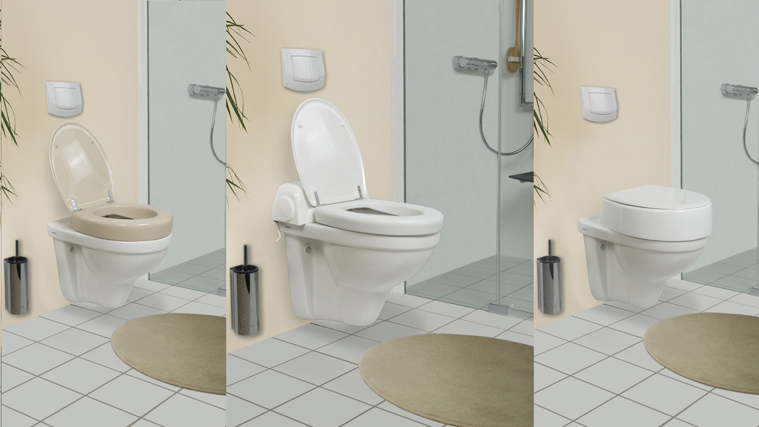 Das mittlere Bild zeigt ein Dusch-WC mit Toilettensitzerhöhung, links und rechts gibt es unterschiedlich hohe Toilettensitzerhöhungen