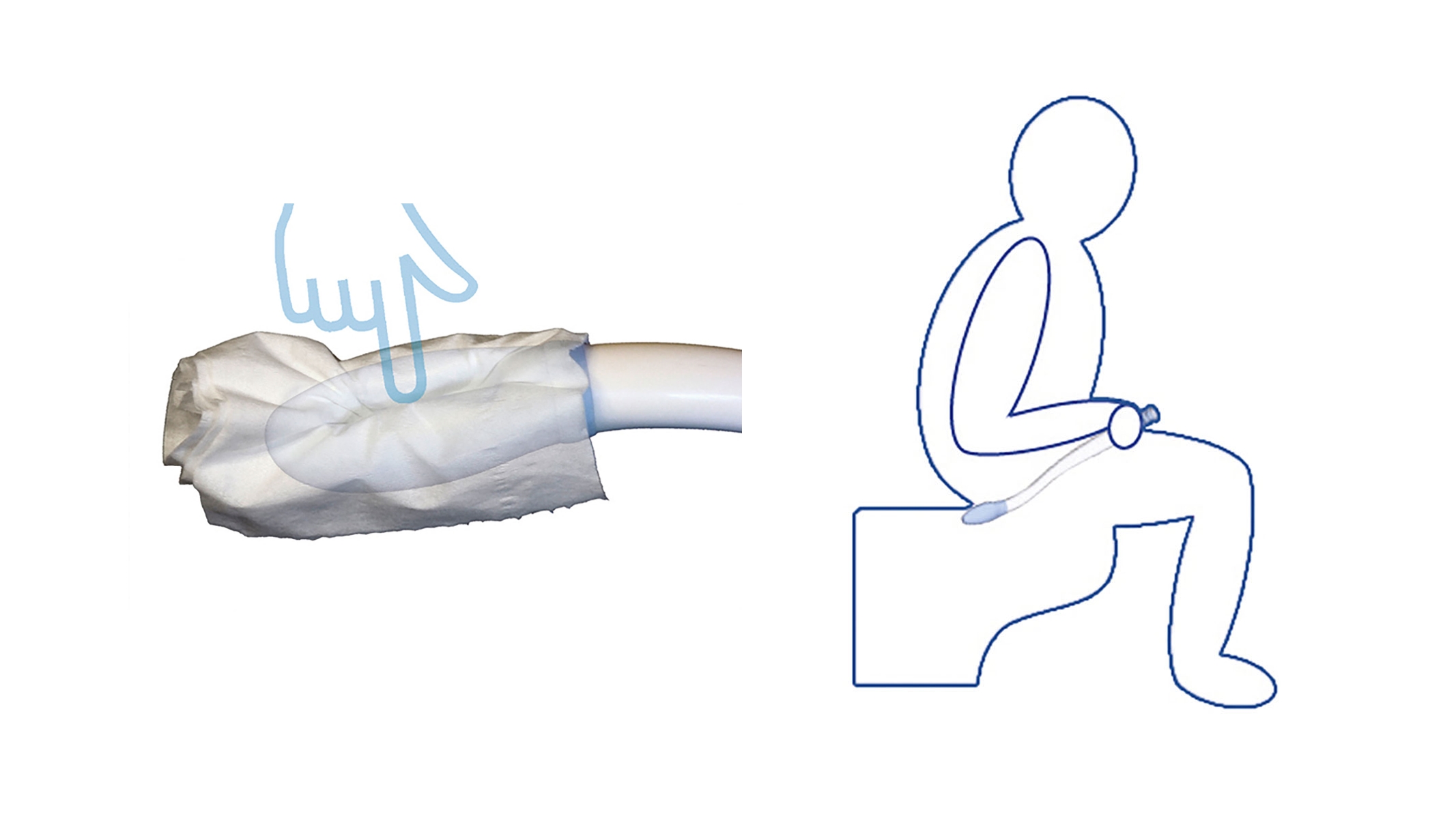 Zwei Skizzen zur Anwendung der Toilettenpaierhilfe, links das Anbringen des Papiers, rechts die Anwendung von einer auf der Toilette sitzenden Person 