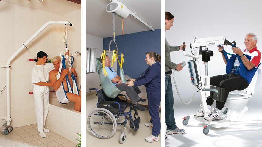 Drei Hebesysteme: Wandlift, Deckenlift und fahrbarer Lift