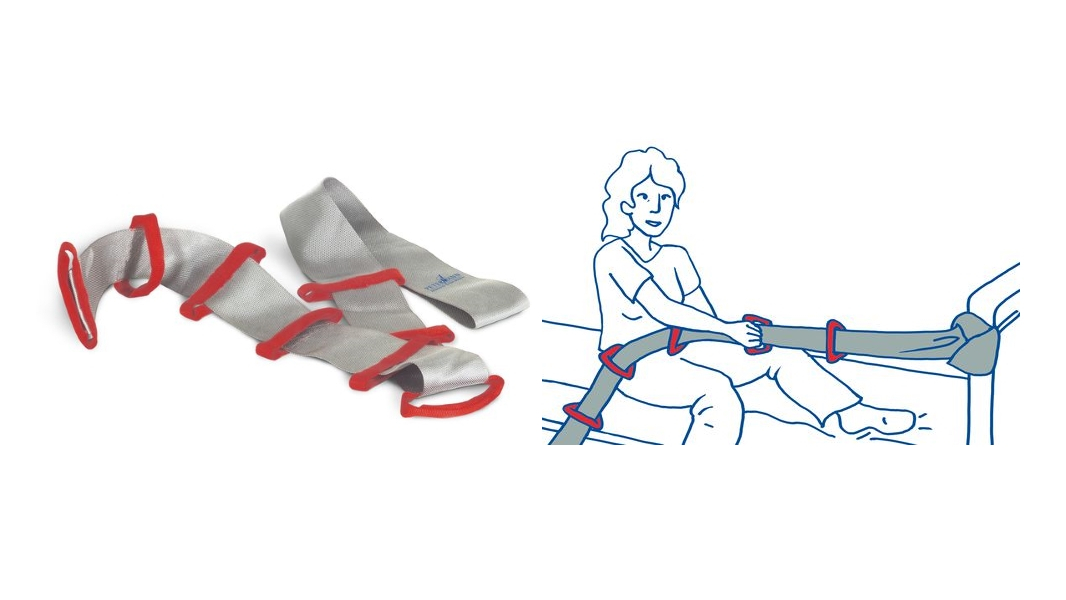 Abbildung einer Bettleiter mit Haltegriffen und Skizze der Anwendung: eine auf dem Bett sitzende Frau zieht sich mit Hilfe der Leiter nach vorn