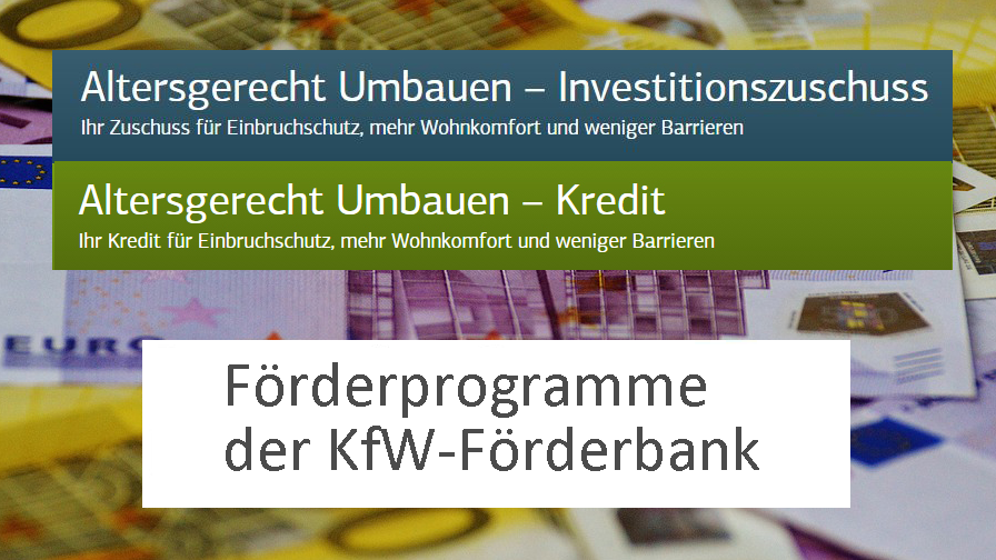Fotokollage pixabay: Geldscheine. Schriftzug " Förderprogramme der KfW-Förderbank"