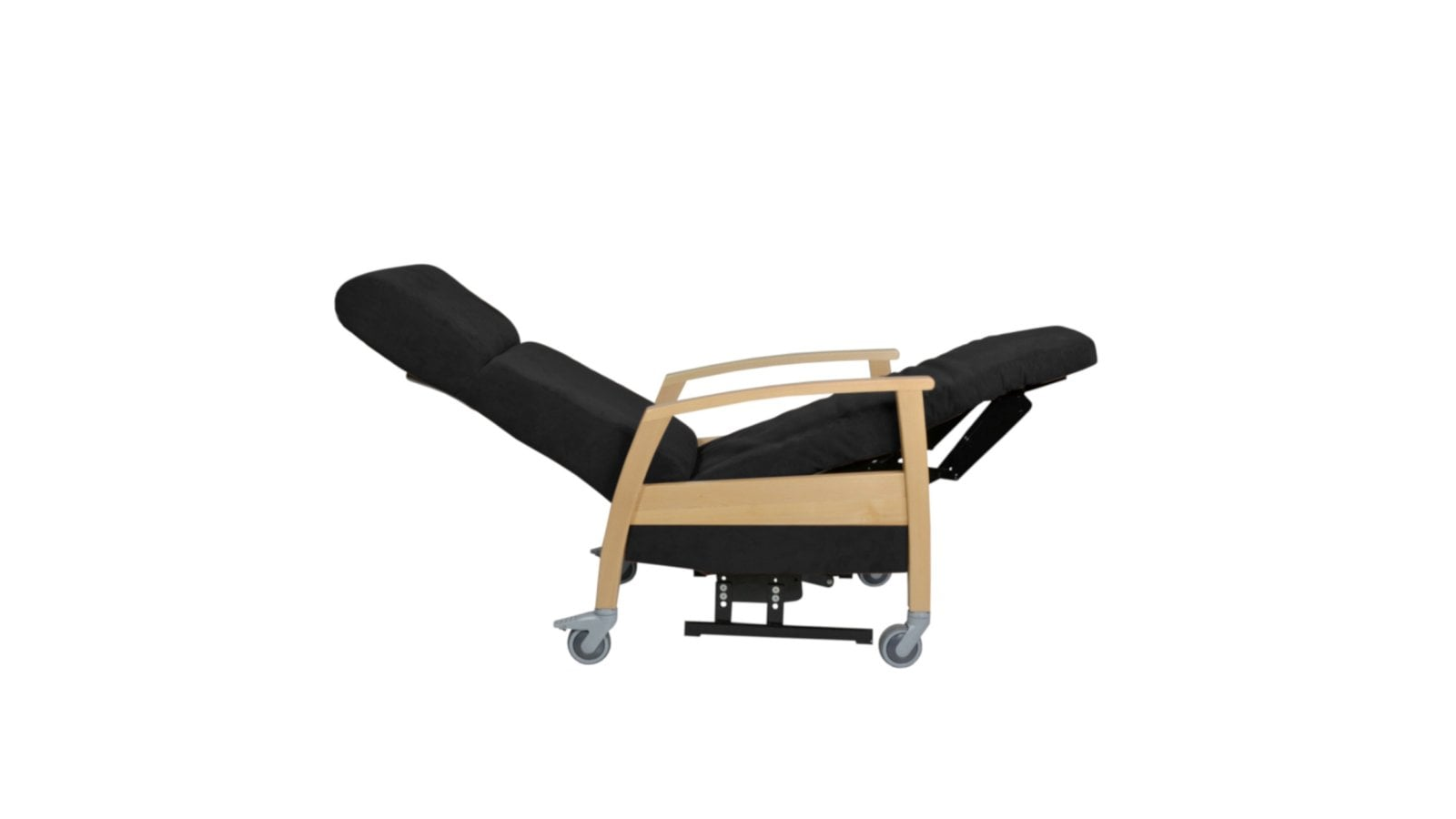 Schmaler Aufstehsessel mit Rollen, hochwertigen Holz-Armlehnen und extra weichen Antidekubitus Sitzpolstern.