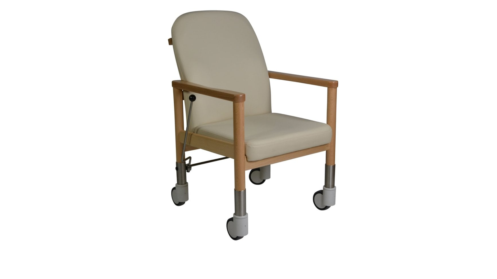 Ein Stuhl mit vier Rollen und einer praktischen Zentralbremse.