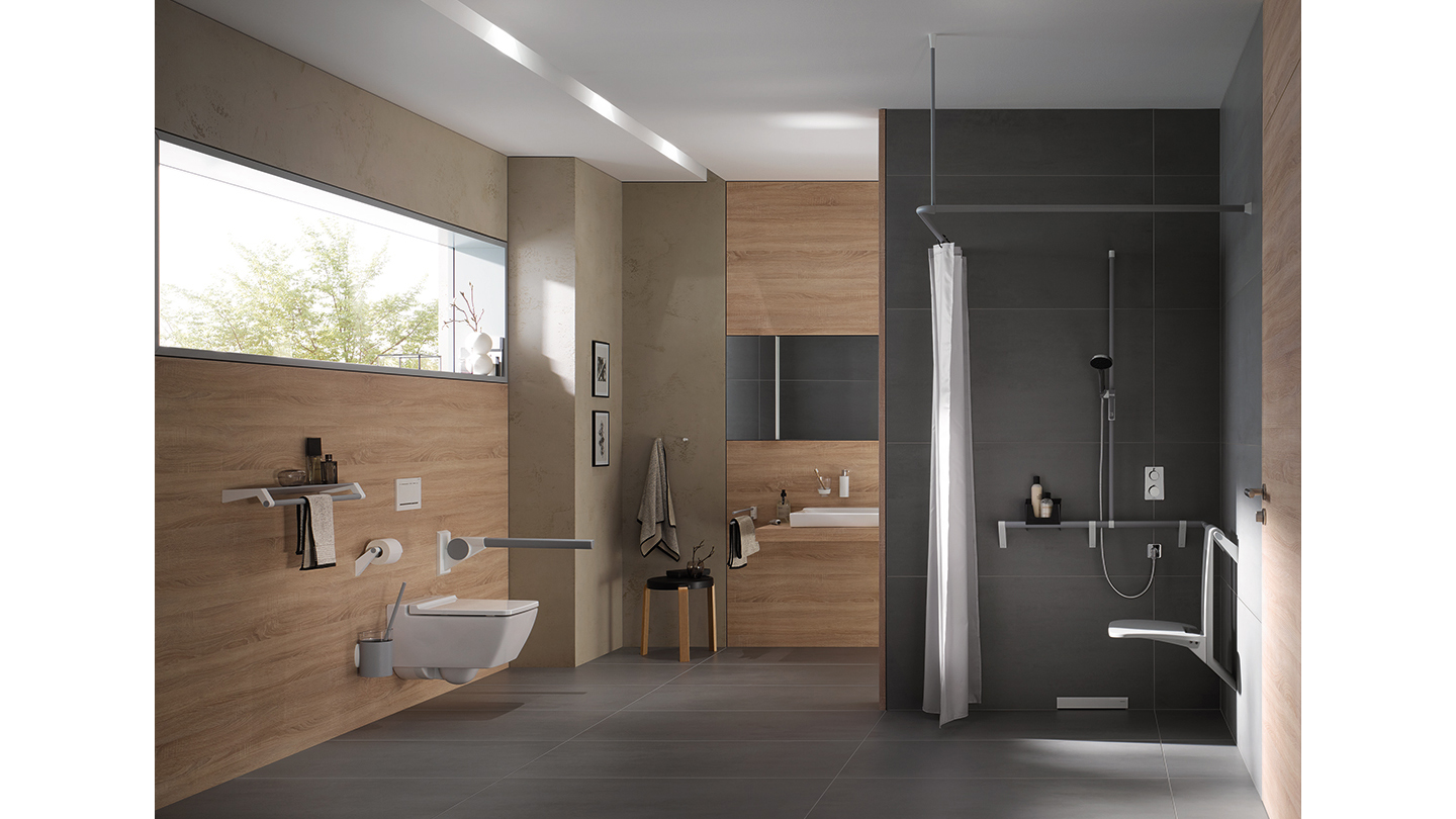 Badezimmer mit Hilfsmittel für Alter, Rollstuhl und Pflege aus dem ErgoSystem