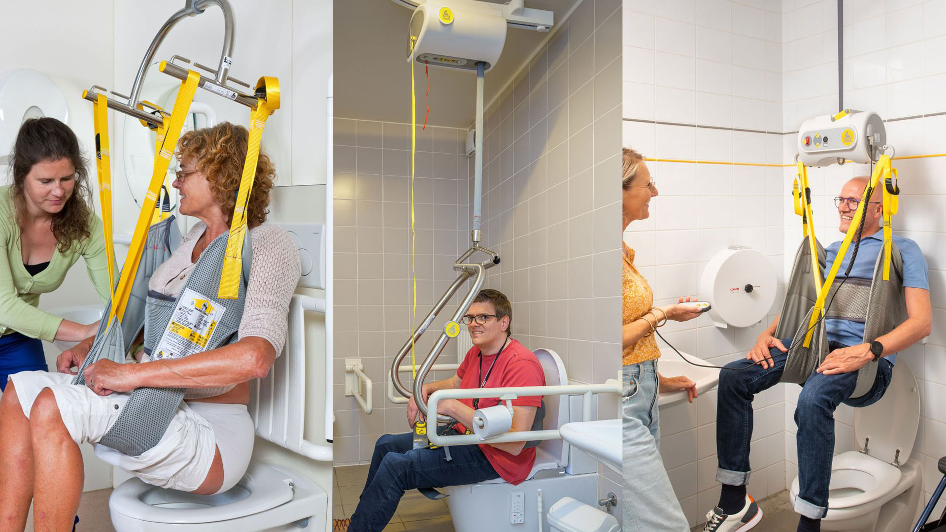 Ein Deckenlifter entlastet Pflegekräfte, indem er über Gurte oder Hebebügel mit verschiedenen Hebetüchern verbunden wird. 