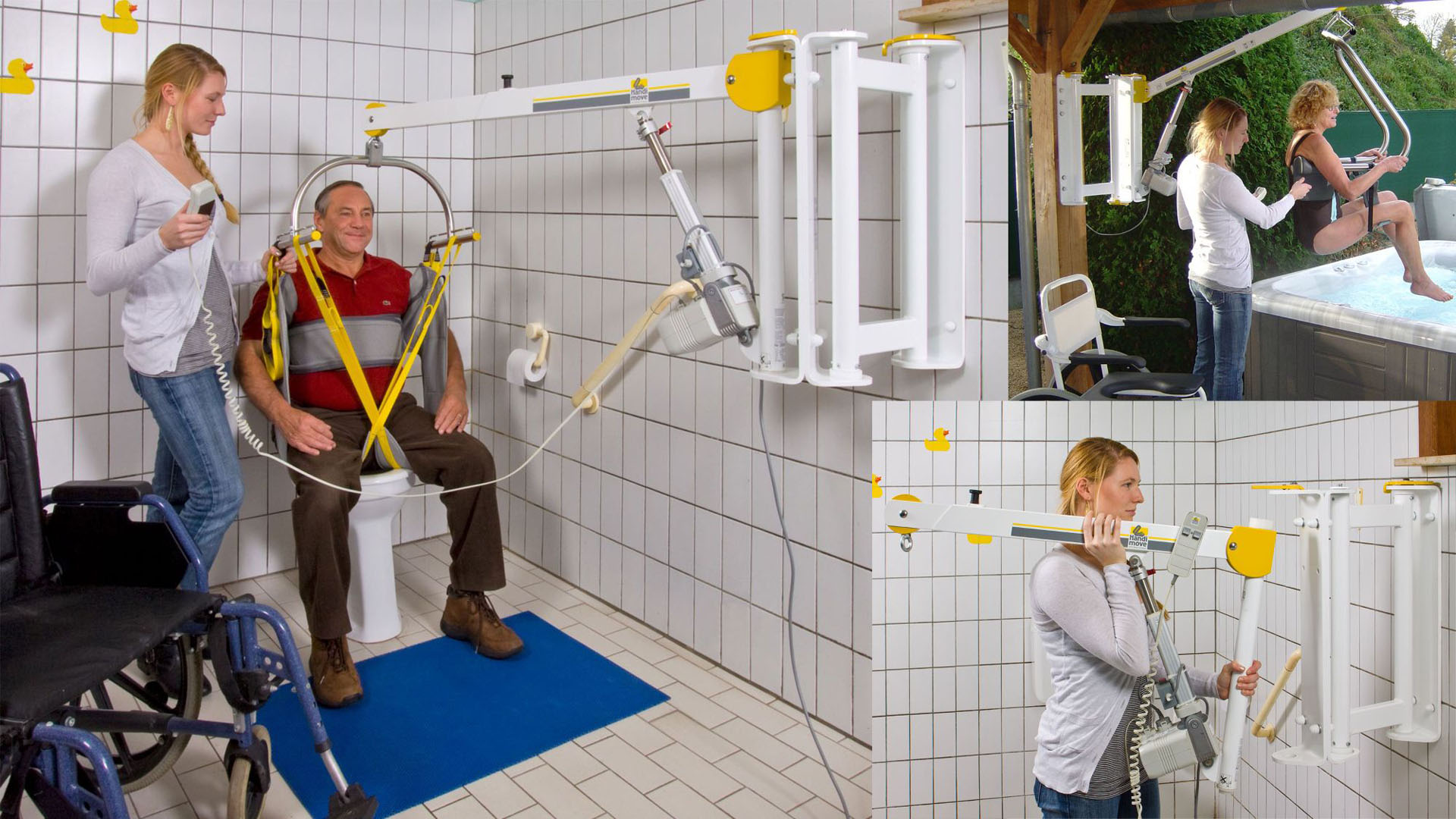 Person wird mithilfe eines Wandlifters vom Rollstuhl auf die Toilette umgesetzt