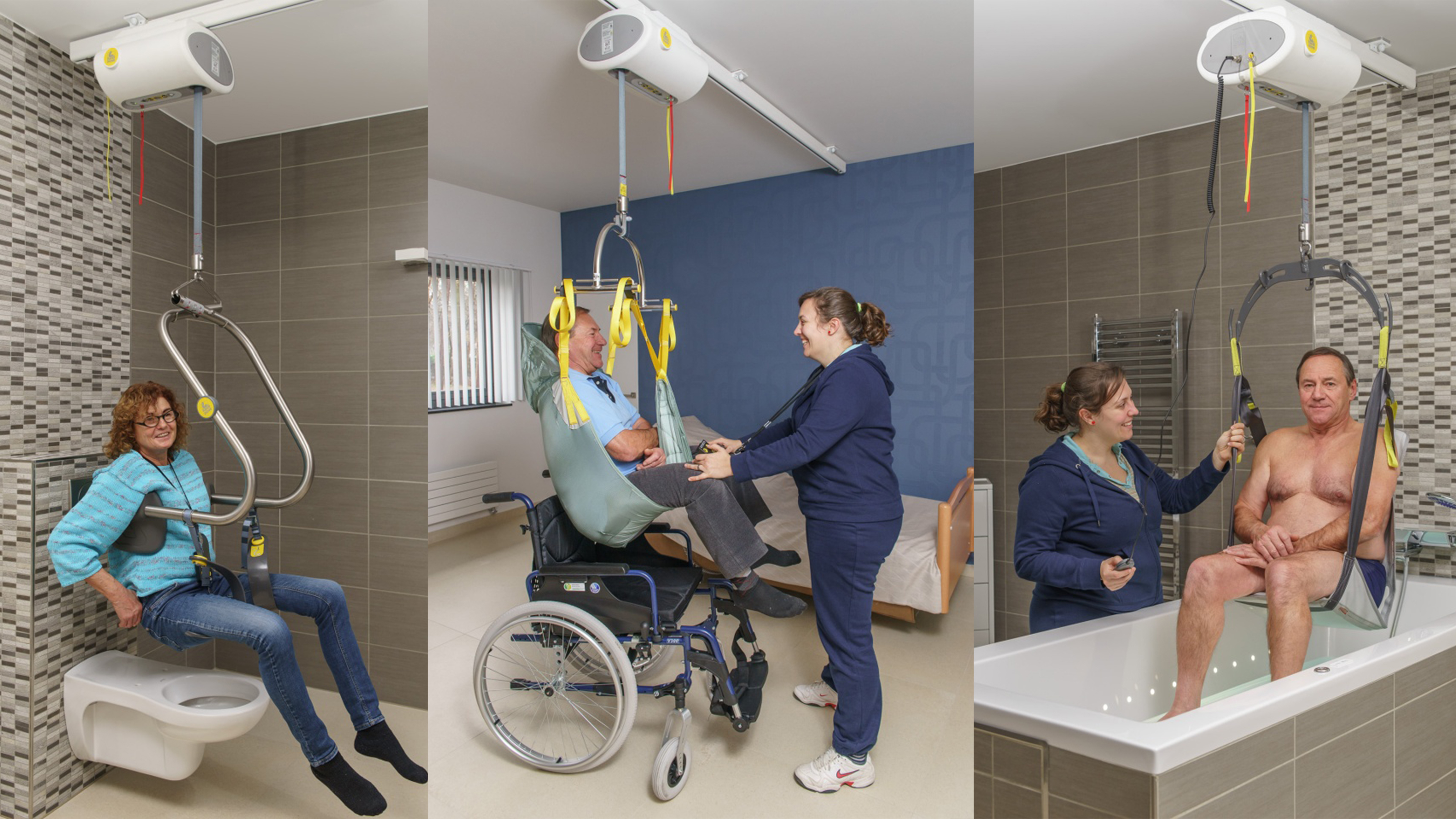 Fotocollage. Ein Frau fährt, gehalten von einem Hebebügel, mit einem Deckenlift mit Motor über das WC. Im zweiten Foto wird ein Mann, sitzend in einem Hebetuch, vom Deckenlift in den Rollstuhl gehoben. Im dritte Foto wird ein Mann in die Badewanne gehoben.