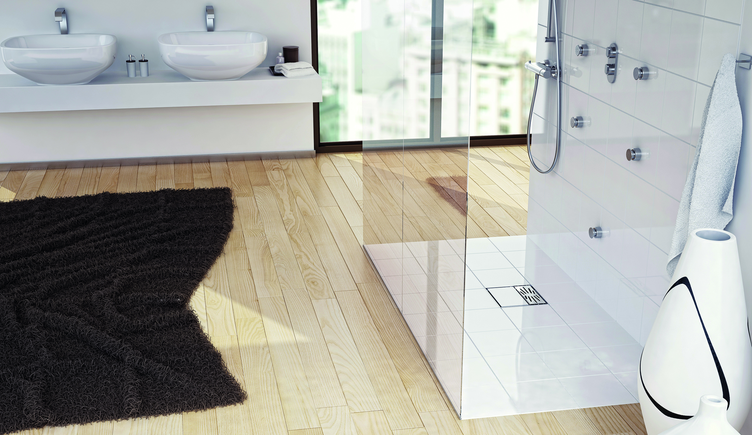 Bodenebene Dusche, die mit einer speziellen Bodenablaufpumpe ausgestattet ist.