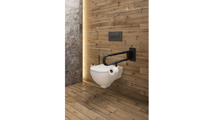 Ein Stützklappgriff ermöglicht Abstützen und Greifen am WC.