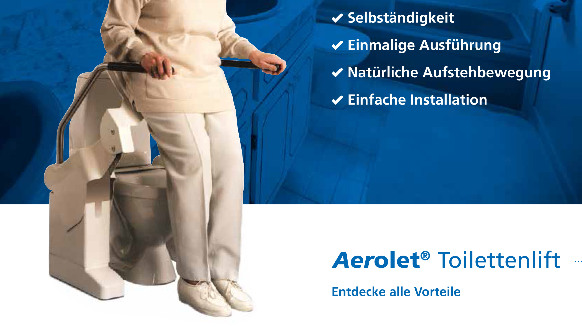 Ausschnitt aus einem Prospekt. Neben Textstellen ist eine Toilettenlift mit einer Person zu sehen.