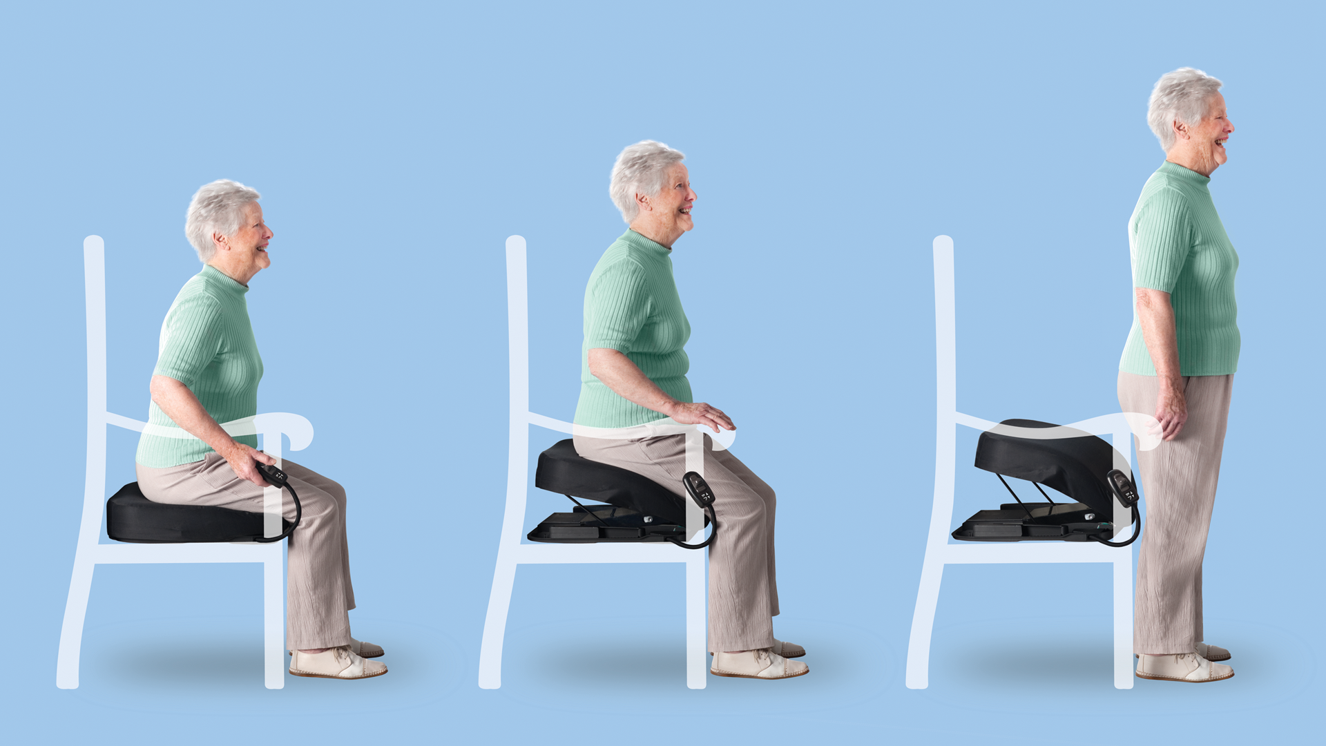 Die Fotokollage zeigt einen Stuhl mit elektrischem Katapultsitz in drei unterschiedlichen Aufstehpositionen einer älteren Frau.