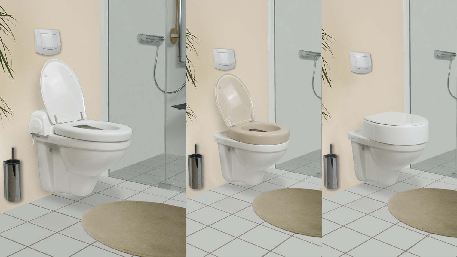 Drei Beispiele von Dusch-WC-Aufsätzen in unterschiedlichen Höhen.