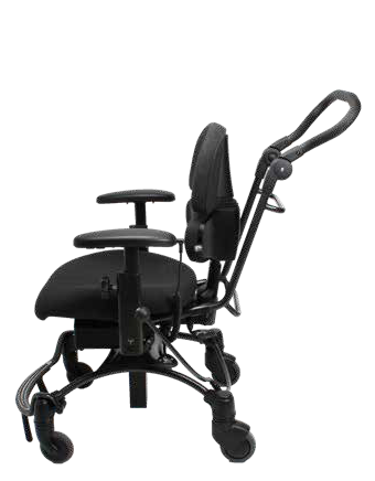 Ausstattungsdetail zum Arbeitsstuhl VELA: Rückenlehne, Schiebebügel, vier große Räder