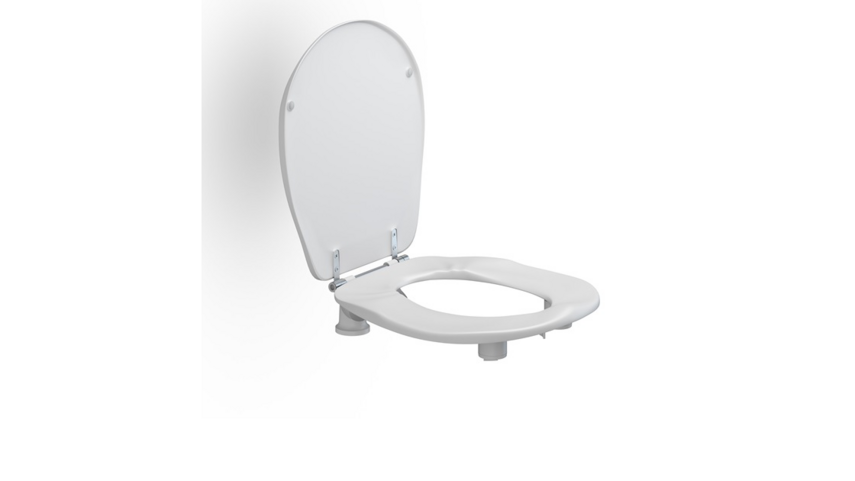 WC-Sitz, mit stabilisierenden Puffern, mit Deckel, 50 mm, inkl. Spritzblende. Mit erhöhter, extrastarker, durchgehender Scharnierwelle.