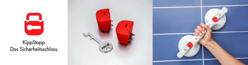 KippStopp. Das Sicherheitsschloss. Abgebildet ist der rote Kippschlosselement, ein Schlüssel und ein Haltegriff mit zwei eingesetzten Kipphebelsicherungen.