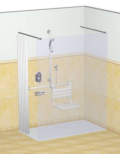 Beispiel einer Wannenlösung: Bodengleiche Duschwanne (rutschhemmend), freistehende Trennwand als Spritzschutz ergänzt mit einem Duschvorhang auf der Einstiegsseite, Duschhandlauf mit integrierter Brausehalterstange und Handbrause, Einhängesitz, Einhebe
