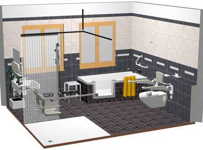 Umbaubeispiel: Neben einem bodengleichen Duschbereich wurde, z.B. für Rollstuhlnutzer mit einer Restgehfähigkeit oder andere Bewohner, eine Badewanne mit Tür eingebaut.
